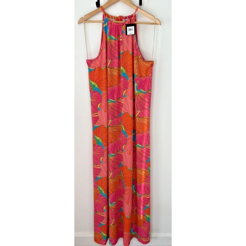 Trina Turk Womens L Pink Orange Floral Stretch Swim Jersey Halter Maxi Dress NWT